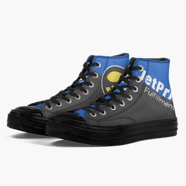 A pair of high-top canvas sneakers with a black sole, blue and black