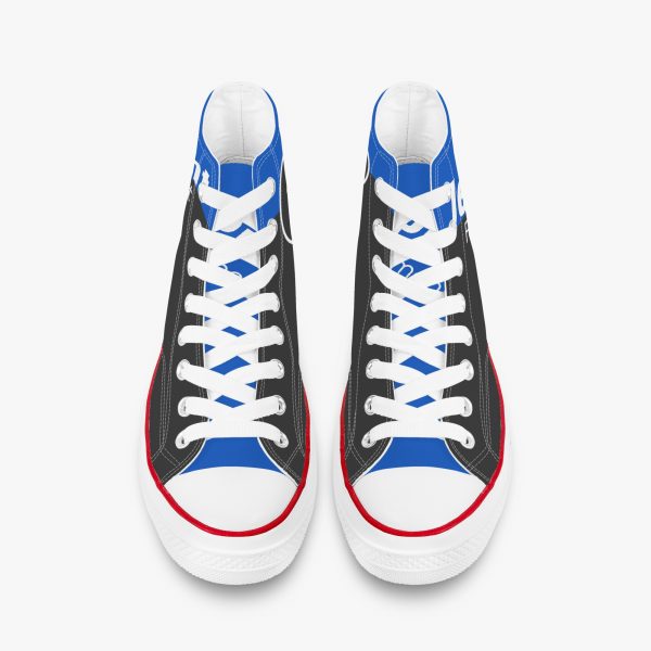 A pair of blue and black high-top canvas shoes with a white sole