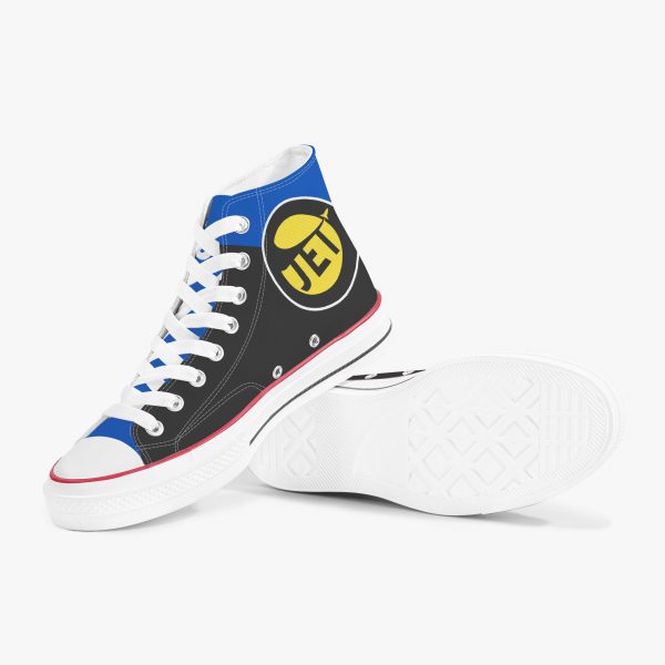 A pair of blue and black high-top canvas shoes with a white sole