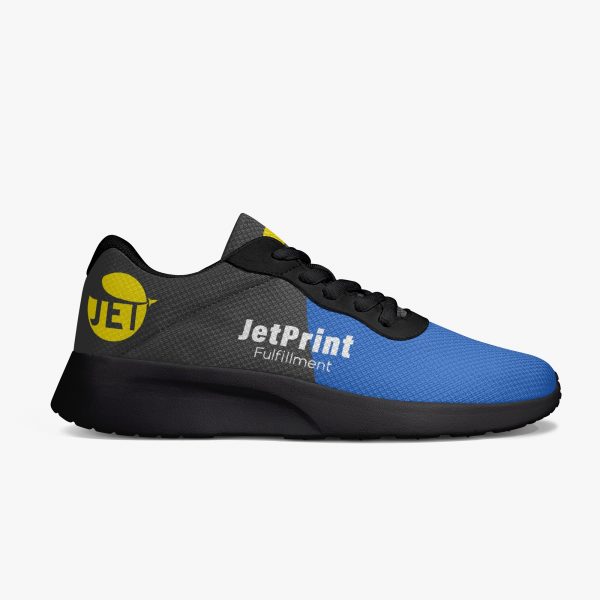 A blue and black mesh running shoe with a logo