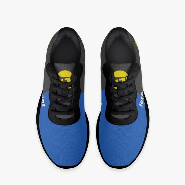 A pair of blue and black mesh running shoes with a logo