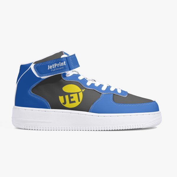 Side view of a blue and black high-top men's fashion sneaker