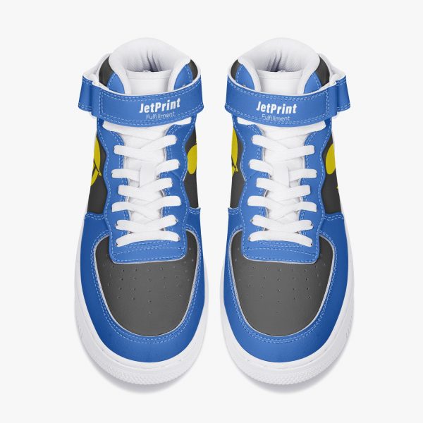 A pair of high-top men's fashion sneakers in blue and black