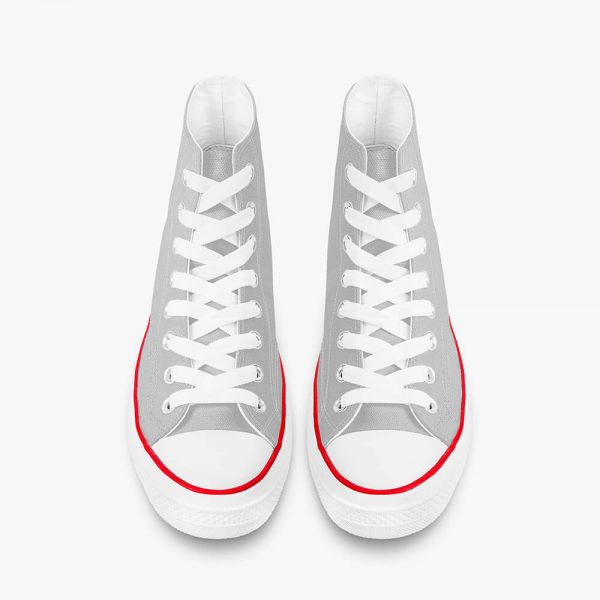 A pair of high-top canvas shoes with white soles and grey soles