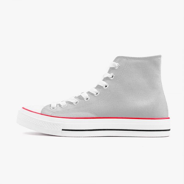 A grey high-top canvas shoes with a white sole