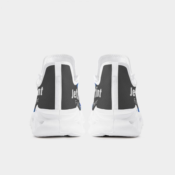 The back of a pair of black and blue blade sneakers with white soles