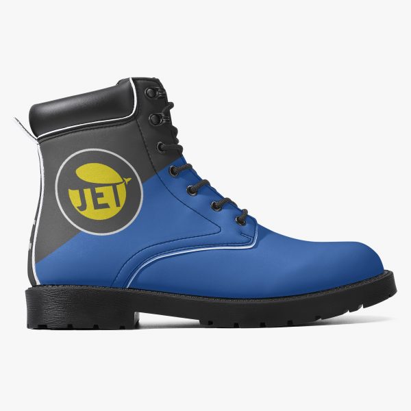 Side view of a blue and black men's mid-boot with a logo