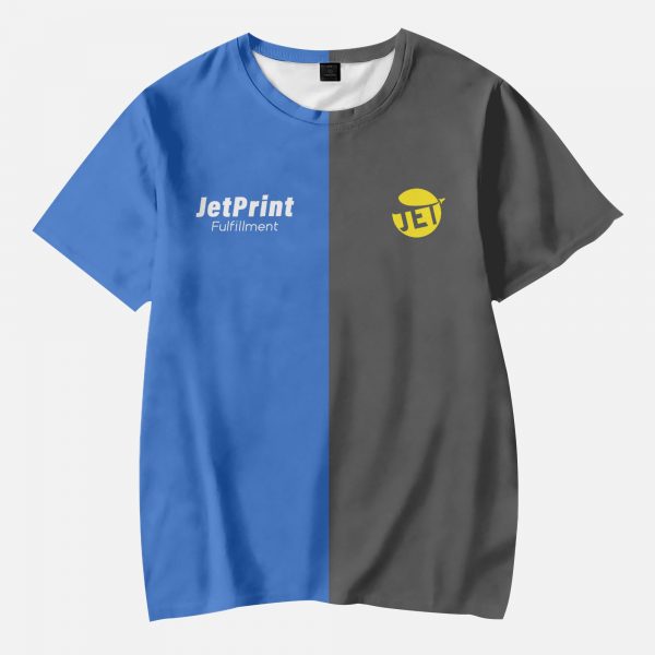 blue and black t-shirt with JetPrint's Logo