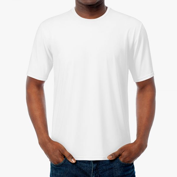 A male model wearing a white men's t-shirt