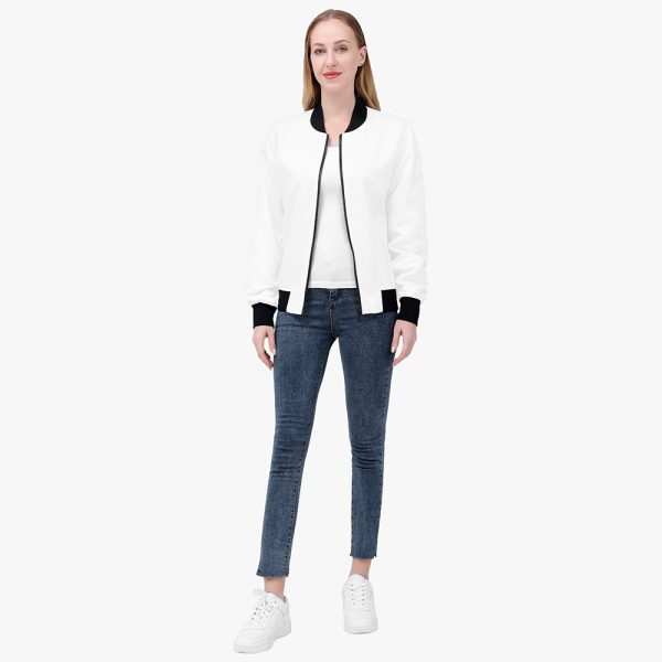 A female model creating a white women's casual jacket