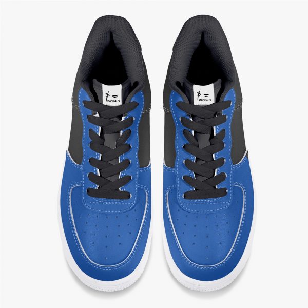 Front view of a pair of blue and black sneakers