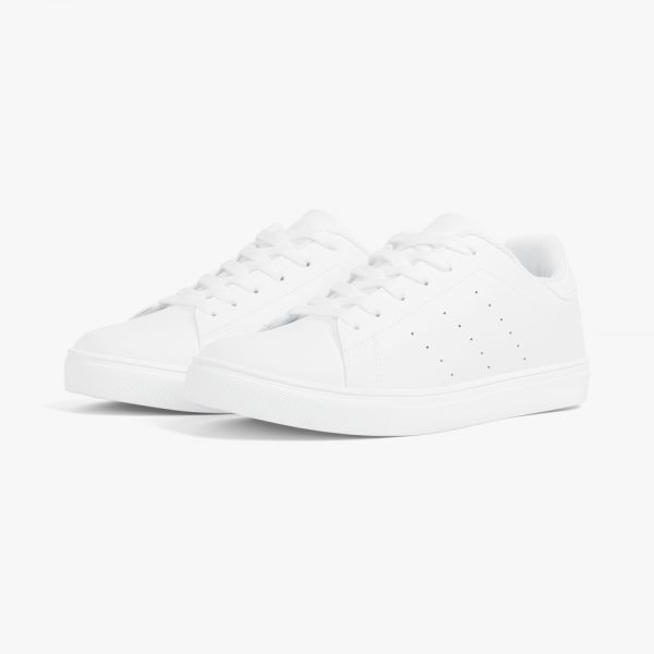 a pair of white low-top breathable leather sneakers