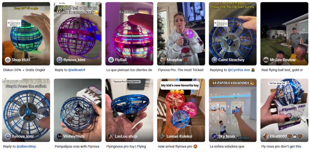 A grid of 12 tiktok video thumbnails demonstrating a glowing, spherical flying orb toy. The thumbnails show hands holding or tossing the cage-like LED gadget in various colors like blue, pink, and purple. Text overlays include phrases like