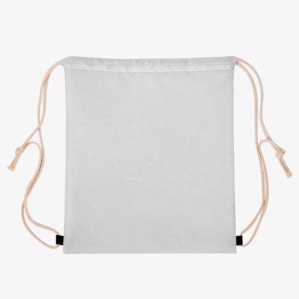 A grey flattened drawstring bag