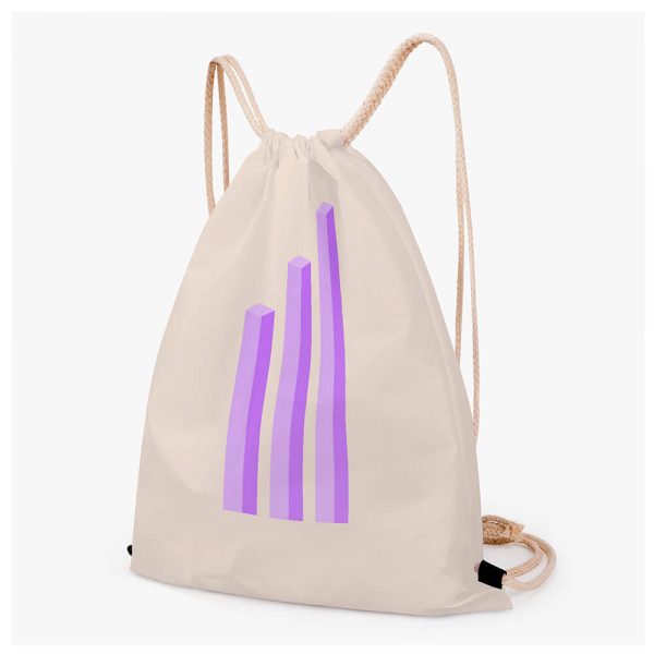 A beige backpack with purple bars printed on the surface