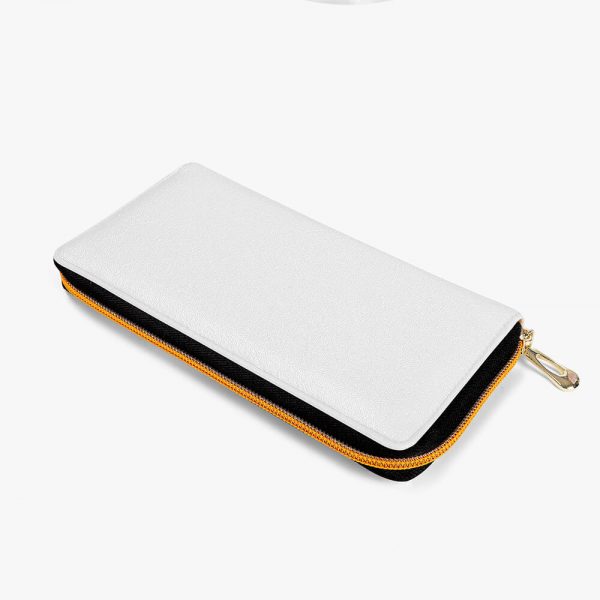 A plain white women's zippered wallet is laid flat