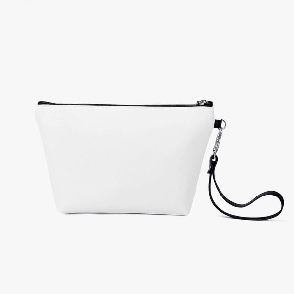 A white cosmetic bag is standing