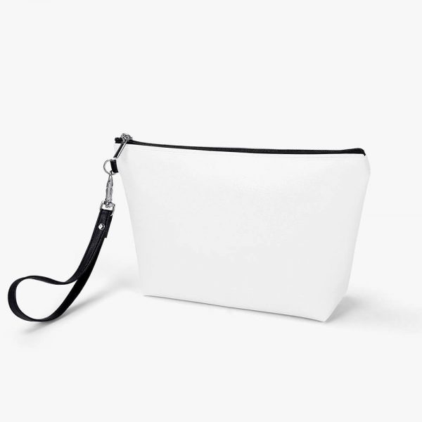 A white cosmetic bag is standing