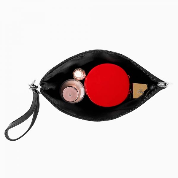 An open cosmetic bag filled with makeup