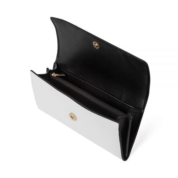 An opened white clutch bag that can be customized