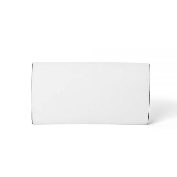 The back of a white clutch that can be customized