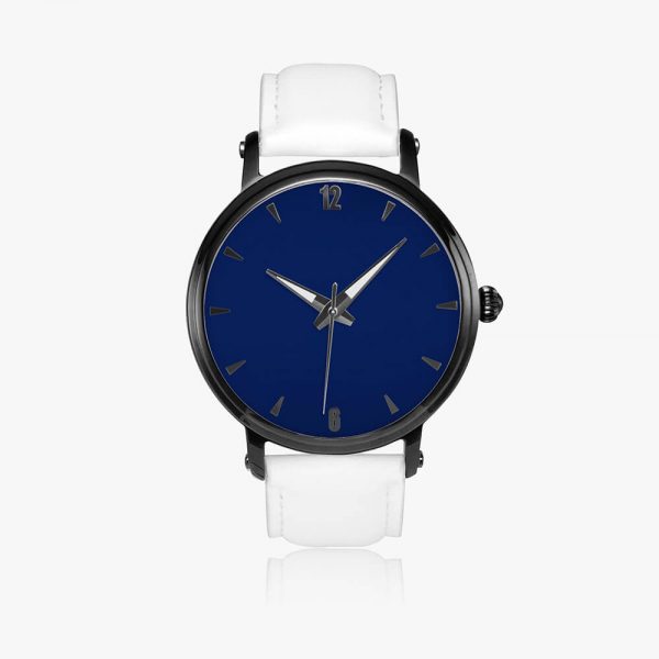 A mechanical watch with a dark blue dial and a white strap.