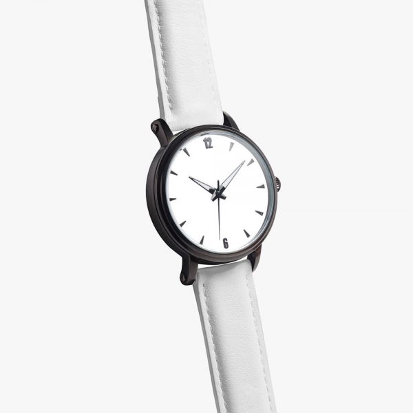 A mechanical watch with a white dial and a white strap.