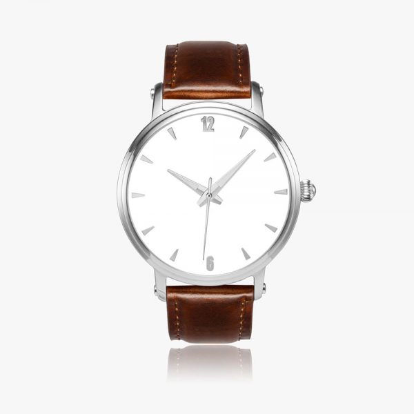 A mechanical watch with a white dial and a brown strap.