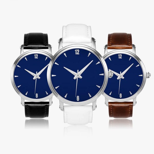 The three dials are dark blue, but the straps are black, white, and brown watches