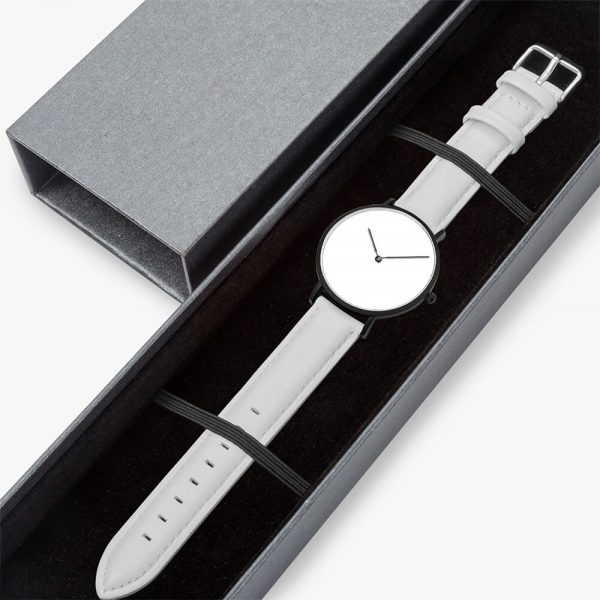 A white quartz watch is packed into a gift box