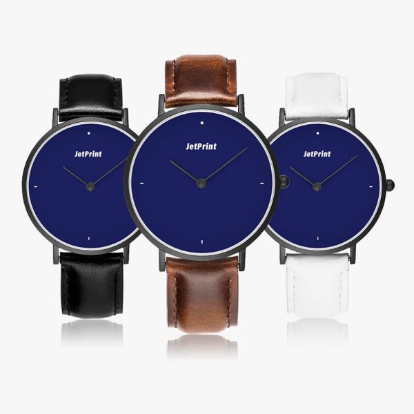 Three dark blue dial watches in black, brown and white