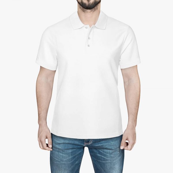 The model's hands droop naturally, revealing a printed men's white polo shirt.