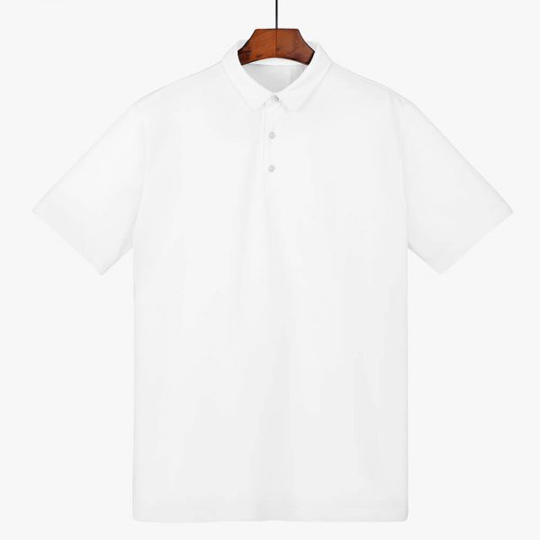 The polo shirt has four buttons for easily adjustable comfort.