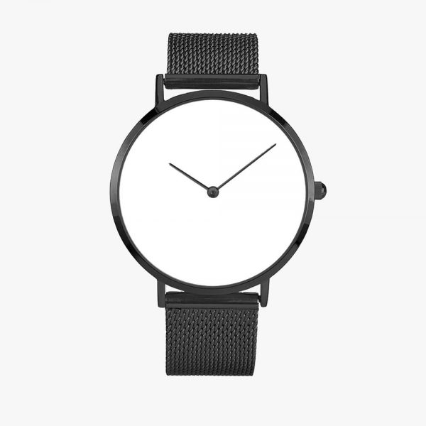 A watch with a black stainless steel strap and a white dial