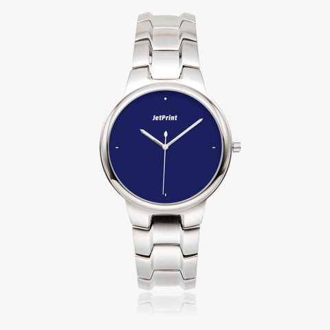 A stainless steel watch with a silver strap and a dark blue dial.