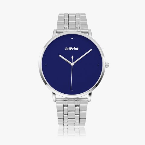 A stainless steel watch with a silver strap and a dark blue dial