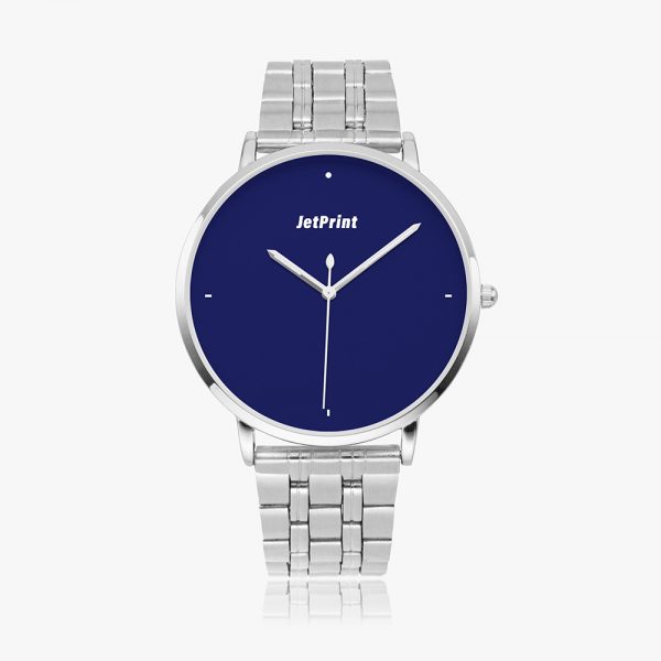 A stainless steel watch with a silver strap and a dark blue dial