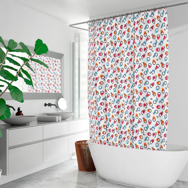 a colorful shower curtain hangs in the bathroom