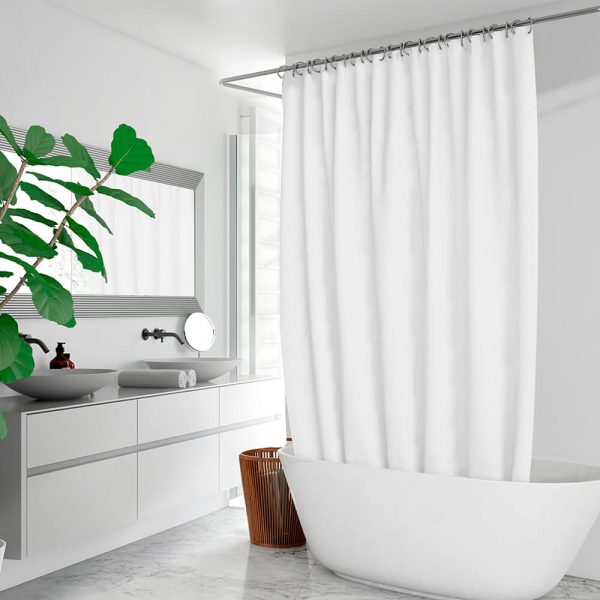 A pure white shower curtain is hung in the bathroom