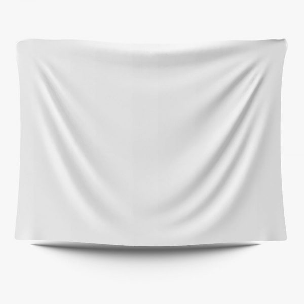 A pure white tapestry hangs on the wall