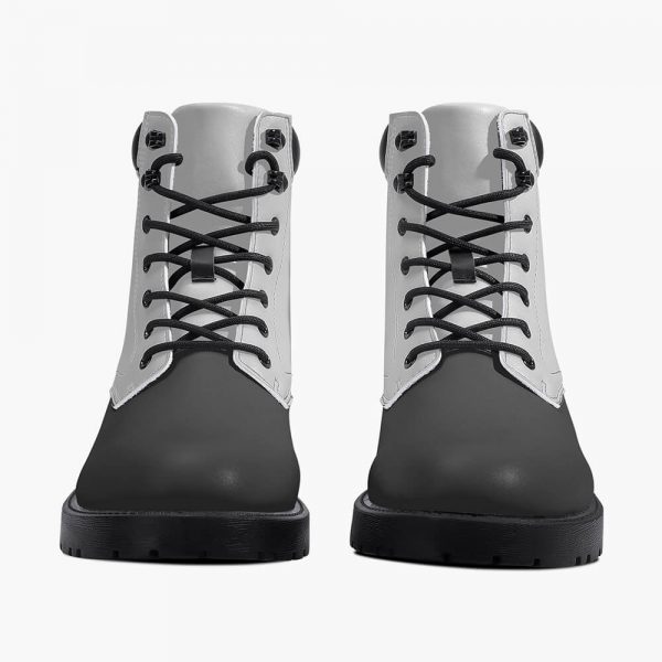 Front view of a pair of grey waterproof leather boots