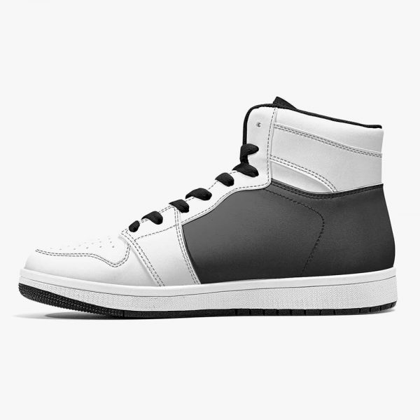 side view of a grey and black high-top sneaker