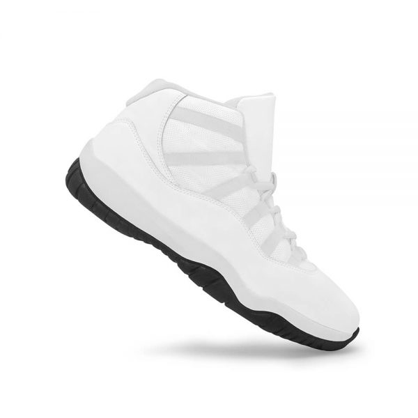 Side view of a white men's basketball shoe inclined at 45 degrees