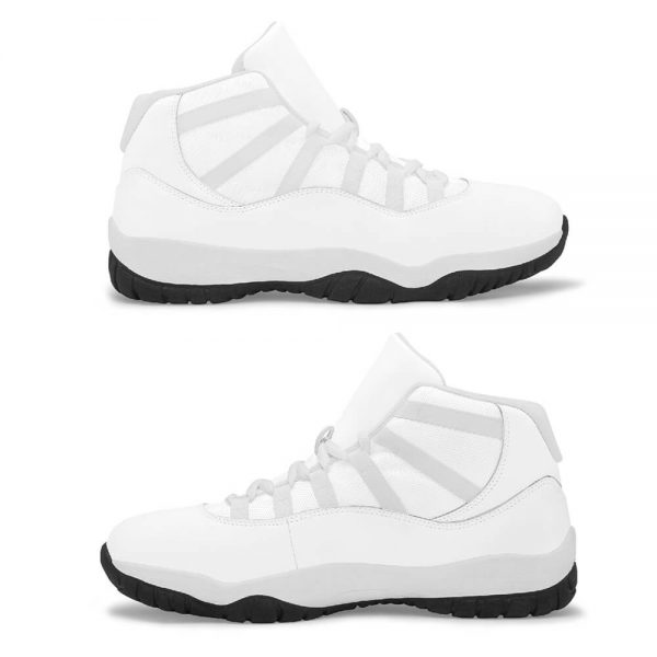 side view of two white men's basketball shoes arranged one above the other