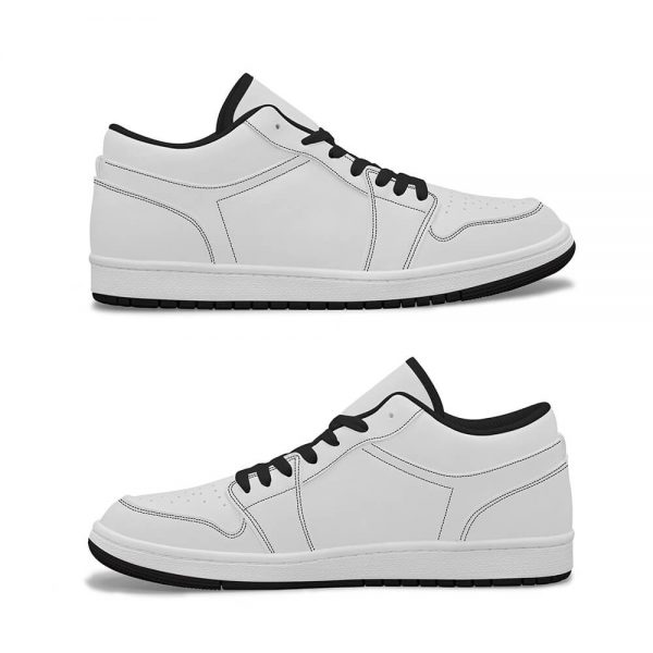 Side view of two white men's low-top shoes arranged one above the other