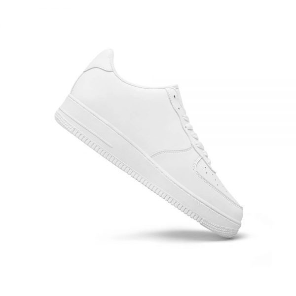 A side view of a white low-top sneaker inclined at 45°