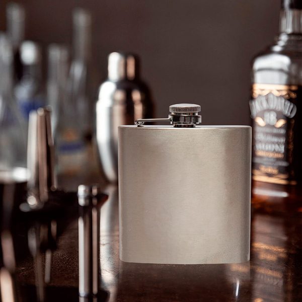 The front of a stainless steel flask