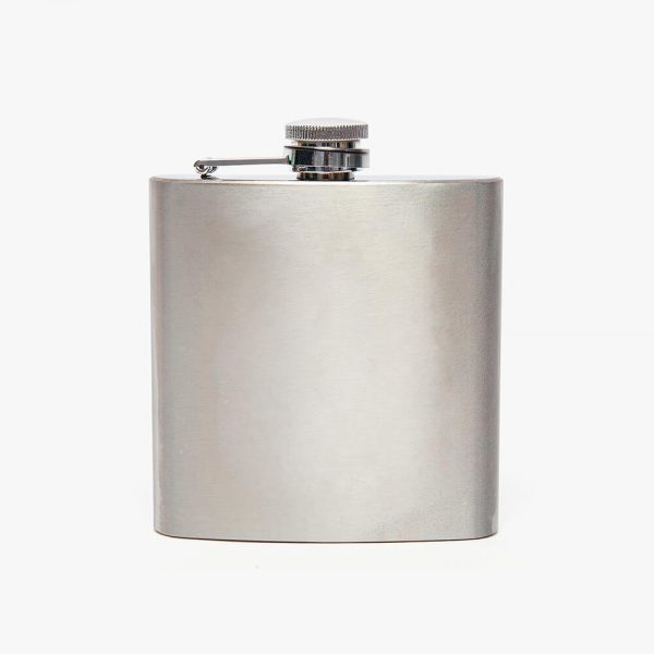 The back of a stainless steel flask