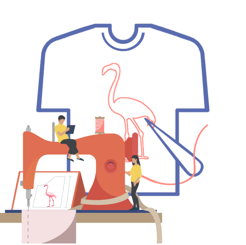 Sewing machine is sewing a flamingo for a T-shirt