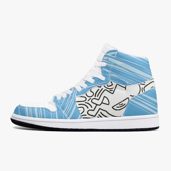 A blue graffiti high-top shoe